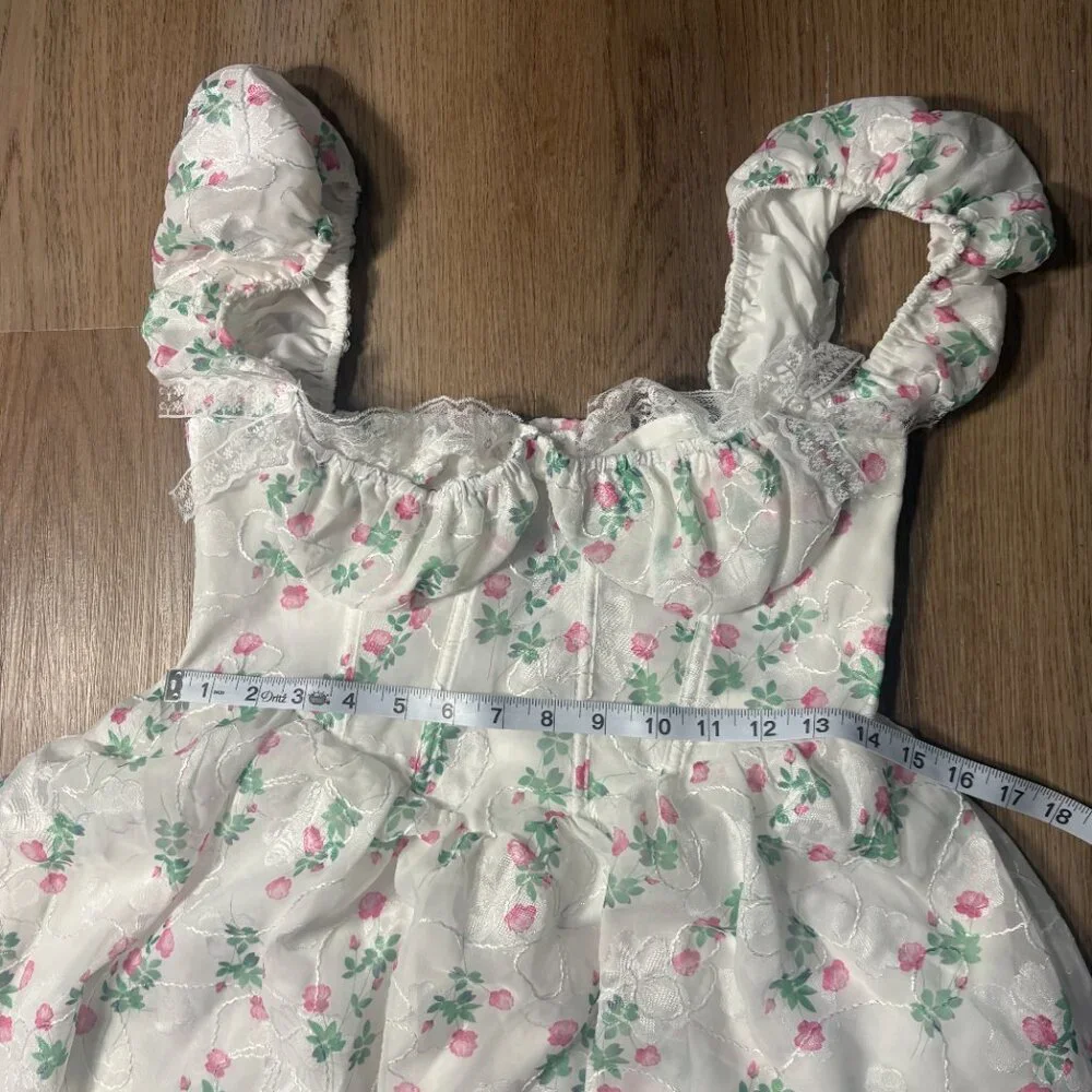 NWT For Love And Lemons Remi Mini Dress S small white pink floral corset basque